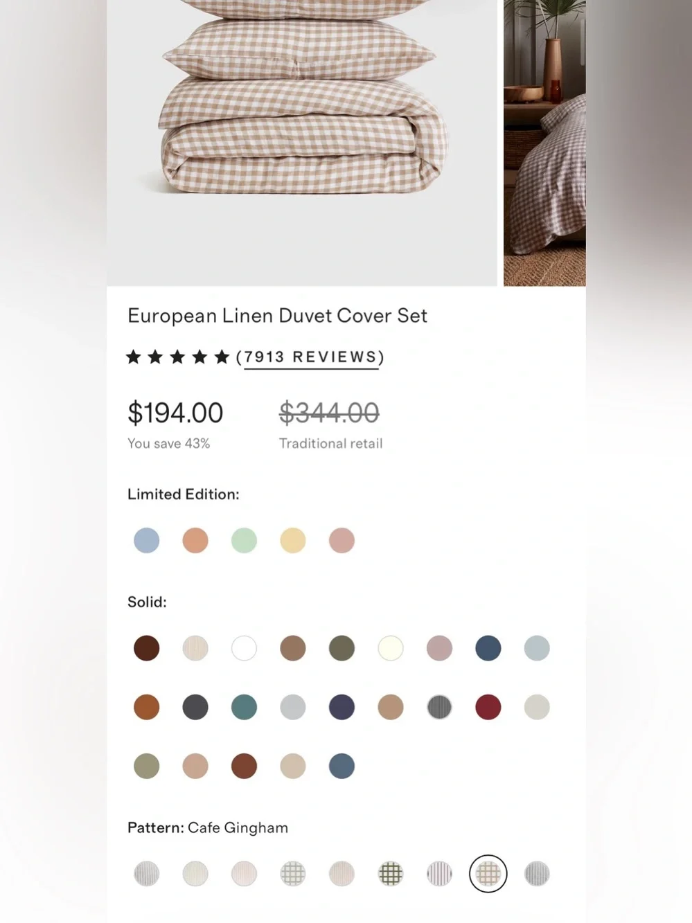 Quince European Linen 3 Piece Gingham Duvet Cover Set, Full/Queen (Cafe/White)
